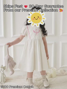 Girls Bunny Bow Cotton Dress, Ivory or Pink Short Sleeve Outfit