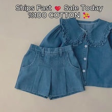 Toddler Girl Denim Outfit, Ruffle Collar Two Piece Set