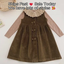Girls Eyelet Lace Collar Top or Olive Brown Corduroy Pinafore Dress, Fall Separates