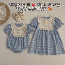 Blue Gingham Baby Romper & Dress, Sweet Lace Ruffle Outfit