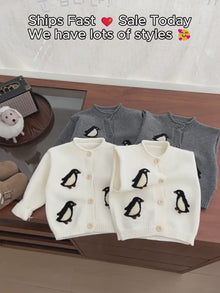 Baby Penguin Knit Cardigan or Vest, Ivory Charcoal Winter Sweater