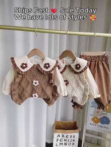 Girls Cable Knit Sweater Vest, Ruffle Collar Blouse and Pants, 3-Piece Back to School Set