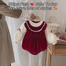 Baby Girl Red Velvet Bubble Romper with Ivory Puff Sleeves and Ruffle Collar