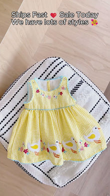 Yellow Gingham Duck Appliqué Girls Dress with Floral Embroidery