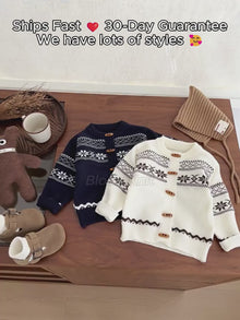 Baby Toddler Fair Isle Cardigan, Nordic Jacquard Knit, Navy or Ivory