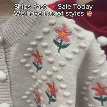 Girls Floral Embroidered Bobble Knit Cardigan, Beige or Red Back to School Sweater