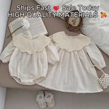 Ivory Cotton Baby Romper or Girls Dress, Matching Sister Outfit with Embroidered Lace Collar