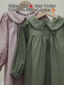 Girls Rustic Linen Peter Pan Collar Dress in Dusty Mauve or Gray Green, Fall Outfit