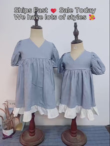 Girls Dusty Blue Linen Puff Sleeve Dress with White Ruffle Hem, Fall Birthday Outfit