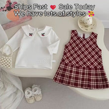 Girls Red Plaid Jumper Dress and Cherry Embroidered Peter Pan Collar Top Set