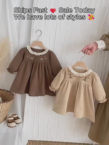 Girls Floral Peter Pan Collar Dress, Khaki or Brown Long Sleeve Fall Outfit