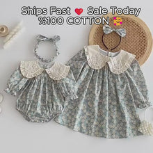 Blue Floral Baby Girl Dress & Romper, Cotton Lace Collar Outfit, Long Sleeve Spring Fall Toddler Birthday Gift