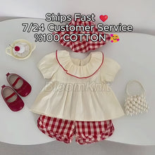 Baby Girl Summer Outfit Set Ruffle Top & Red Checkered Pants Cotton Toddler Clothes Cute Kids Outfit 6M-4T