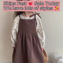 Girls Brown Smocked Pinafore and Floral Long Sleeve Dress, 2-Piece Fall Set
