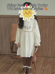 Girls Ivory Embroidered Cotton Dress, Long Sleeve Fall Toddler Outfit
