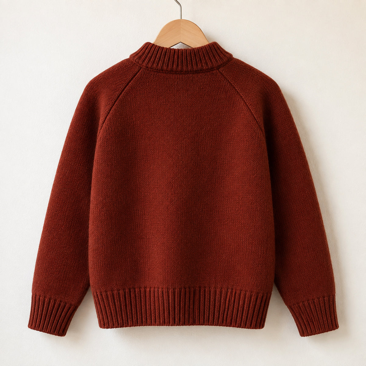Plain back view of the brick red girls knit cardigan