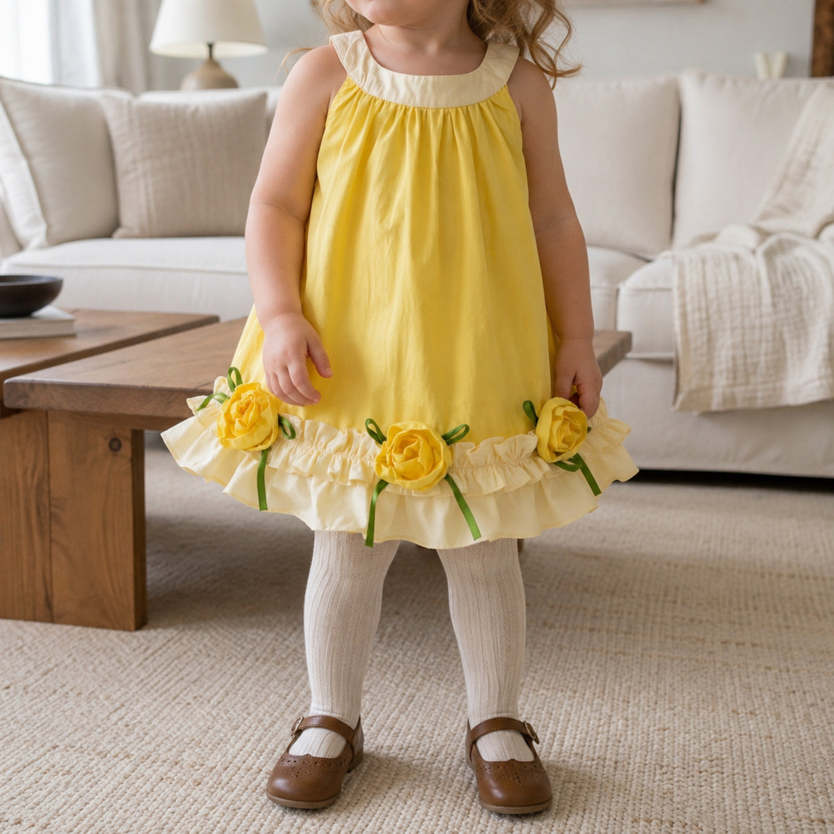 Toddler wearing the sunflower rose dress with cream tights for fall